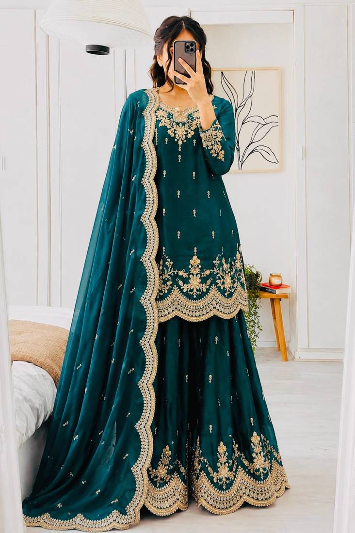 teal color cording embroidery sequin work kurti sharara set
