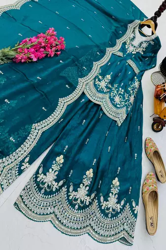 teal color cording embroidery sequin work kurti sharara set