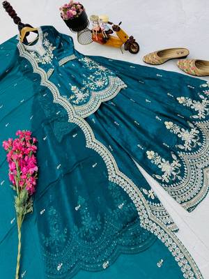 teal color cording embroidery sequin work kurti sharara set 3