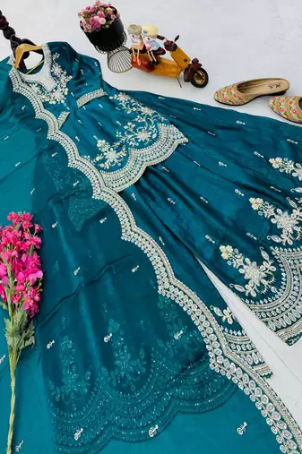 teal color cording embroidery sequin work kurti sharara set