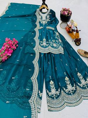 teal color cording embroidery sequin work kurti sharara set 4