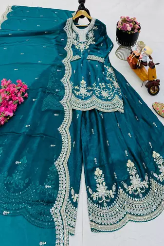 teal color cording embroidery sequin work kurti sharara set