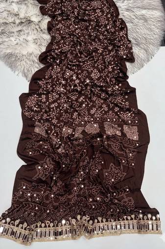 Coffee Real Mirror Work Satin saree