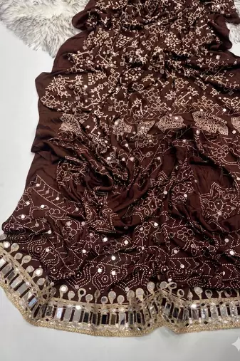 Coffee Color Real Mirror Work  Satin saree