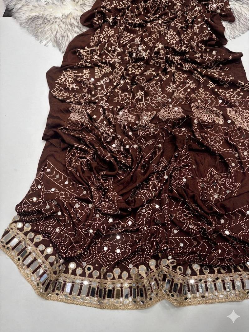 Coffee Color Real Mirror Work  Satin saree