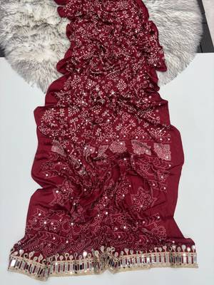 Maroon Color Real Mirror Work  Satin saree 1