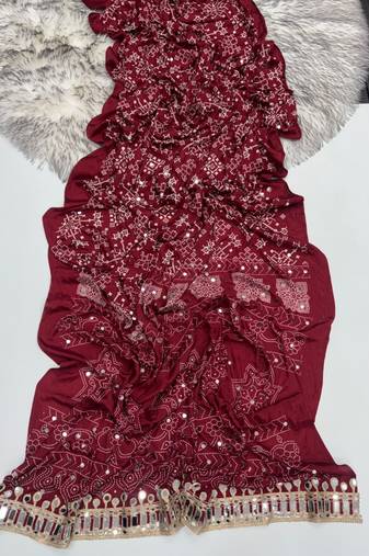 Maroon Color Real Mirror Work  Satin saree