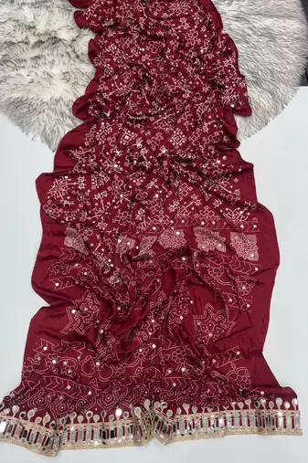 Maroon Color Real Mirror Work  Satin saree