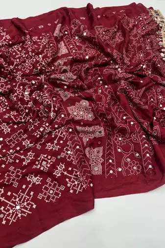Maroon Color Real Mirror Work  Satin saree