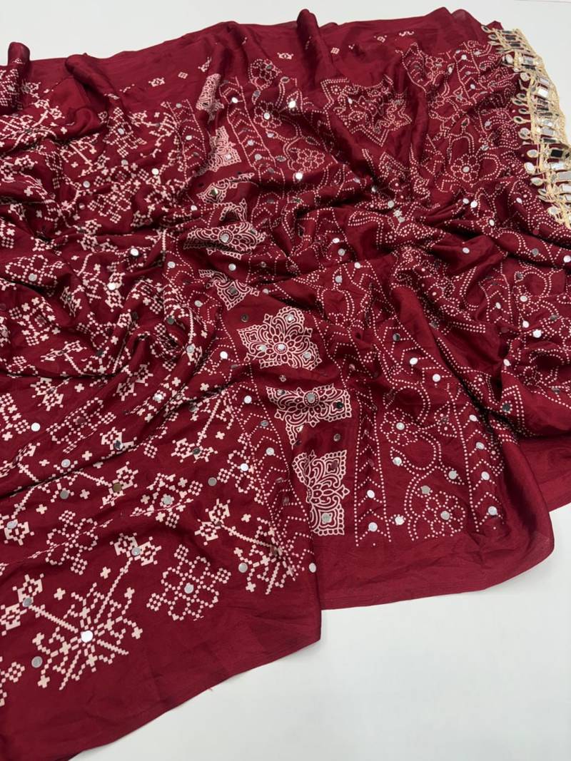 Maroon Color Real Mirror Work  Satin saree
