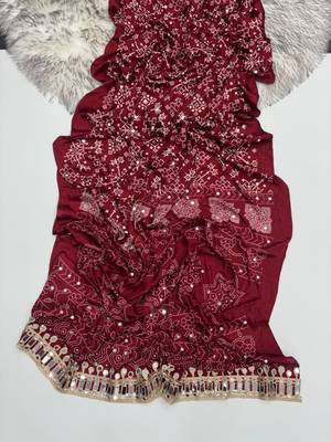 Maroon Color Real Mirror Work  Satin saree 3