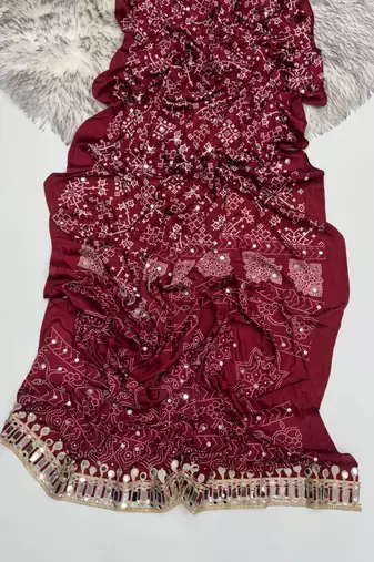 Maroon Color Real Mirror Work  Satin saree