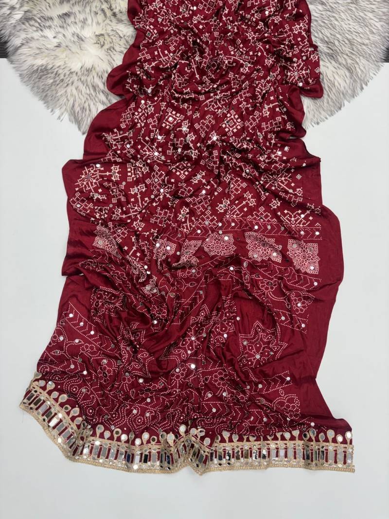 Maroon Color Real Mirror Work  Satin saree
