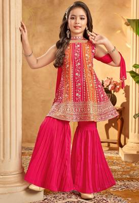 Girls embroidered pv chanderi kurta sharara set with dupatta | ethnic party wear | festive traditional dress 1