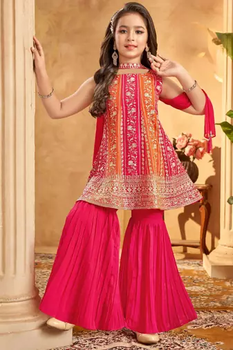 Girls embroidered pv chanderi kurta sharara set with dupatta | ethnic party wear | festive traditional dress