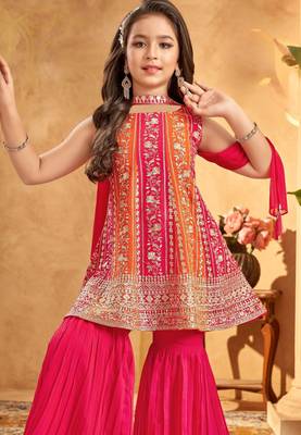 Girls embroidered pv chanderi kurta sharara set with dupatta | ethnic party wear | festive traditional dress 2