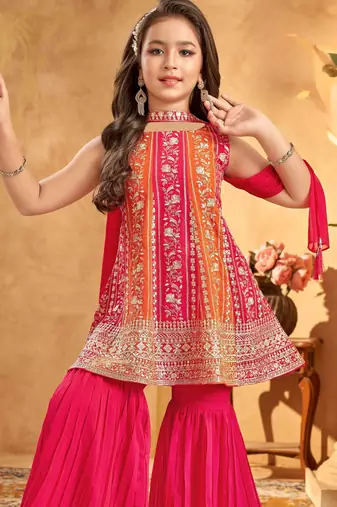 Girls embroidered pv chanderi kurta sharara set with dupatta | ethnic party wear | festive traditional dress