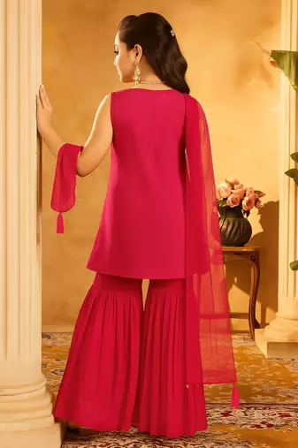 Girls embroidered pv chanderi kurta sharara set with dupatta | ethnic party wear | festive traditional dress
