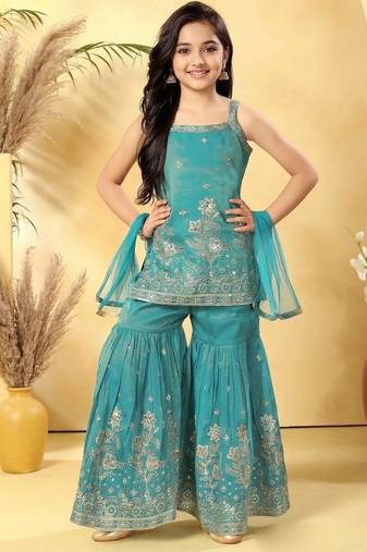 Girls firozi embroidered kurta sharara set with dupatta