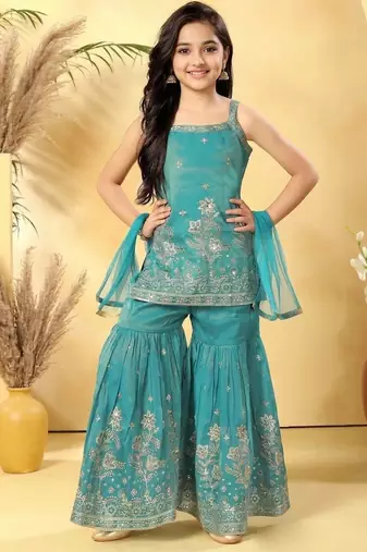 Girls firozi embroidered kurta sharara set with dupatta