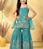 Girls firozi embroidered kurta sharara set with dupatta