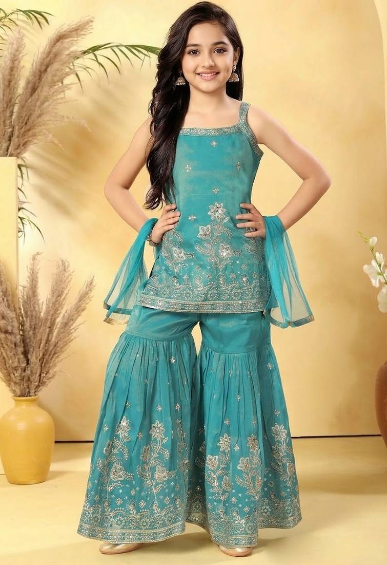 Girls firozi embroidered kurta sharara set with dupatta