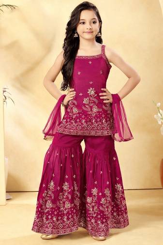 Girls pink embroidered kurta sharara set with dupatta