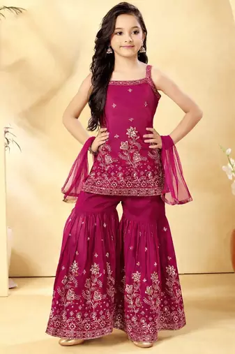 Girls pink embroidered kurta sharara set with dupatta