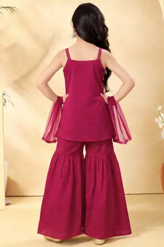 Girls pink embroidered kurta sharara set with dupatta