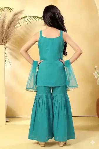 Girls firozi embroidered kurta sharara set with dupatta
