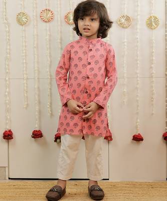 Peach pink printed cambric cotton kurta set 1