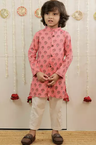 Peach pink printed cambric cotton kurta set