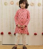 Peach pink printed cambric cotton kurta set