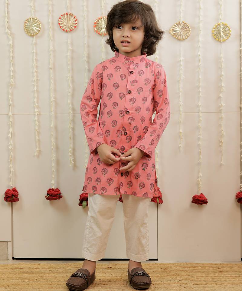 Peach pink printed cambric cotton kurta set