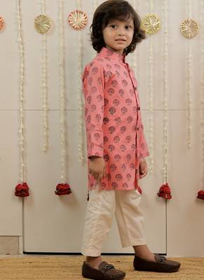 Peach pink printed cambric cotton kurta set 2