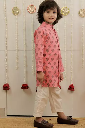 Peach pink printed cambric cotton kurta set