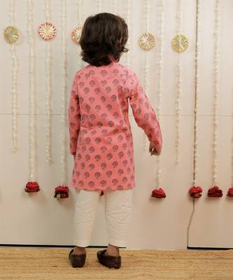 Peach pink printed cambric cotton kurta set 3