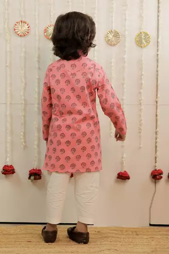 Peach pink printed cambric cotton kurta set
