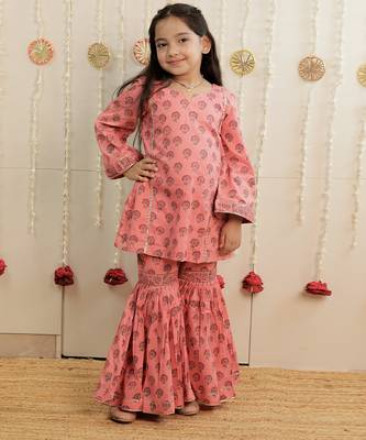 Peach pink printed cambric cotton gharara set 1