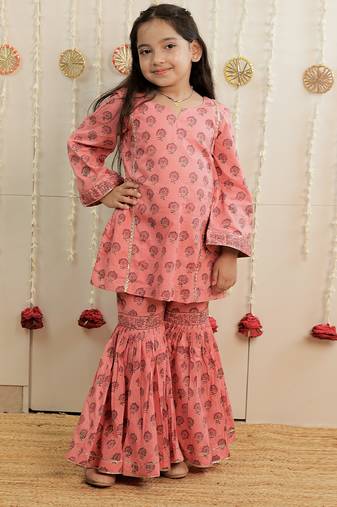Peach pink printed cambric cotton gharara set