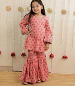 Peach pink printed cambric cotton gharara set