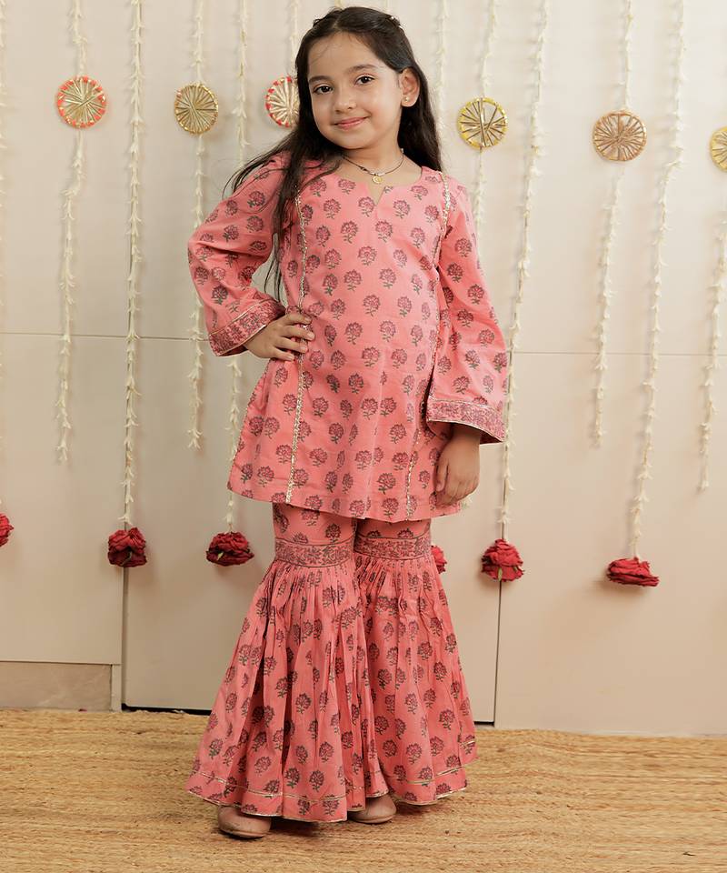 Peach pink printed cambric cotton gharara set