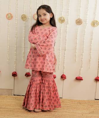 Peach pink printed cambric cotton gharara set 2