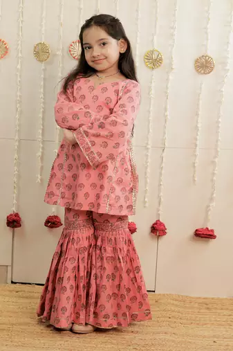 Peach pink printed cambric cotton gharara set