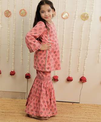 Peach pink printed cambric cotton gharara set 3