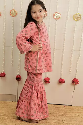 Peach pink printed cambric cotton gharara set
