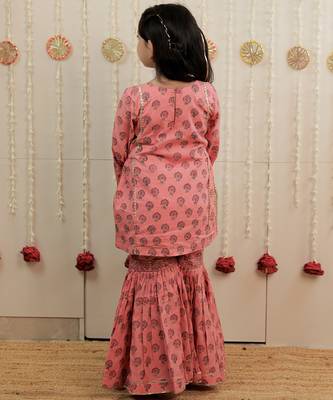 Peach pink printed cambric cotton gharara set 4