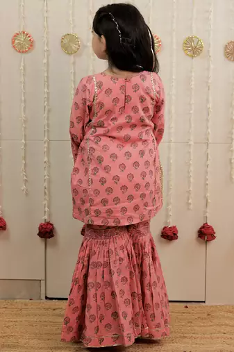 Peach pink printed cambric cotton gharara set