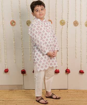 Off white printed cotton kurta set 2