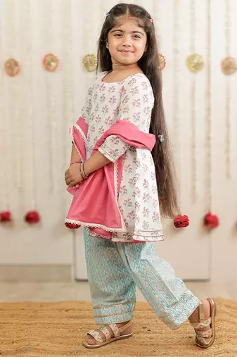 Off white printed cotton kurti set
